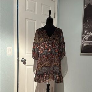 Patterson J. Kincaid Brown and Orange Mini Dress Relaxed Ruffled